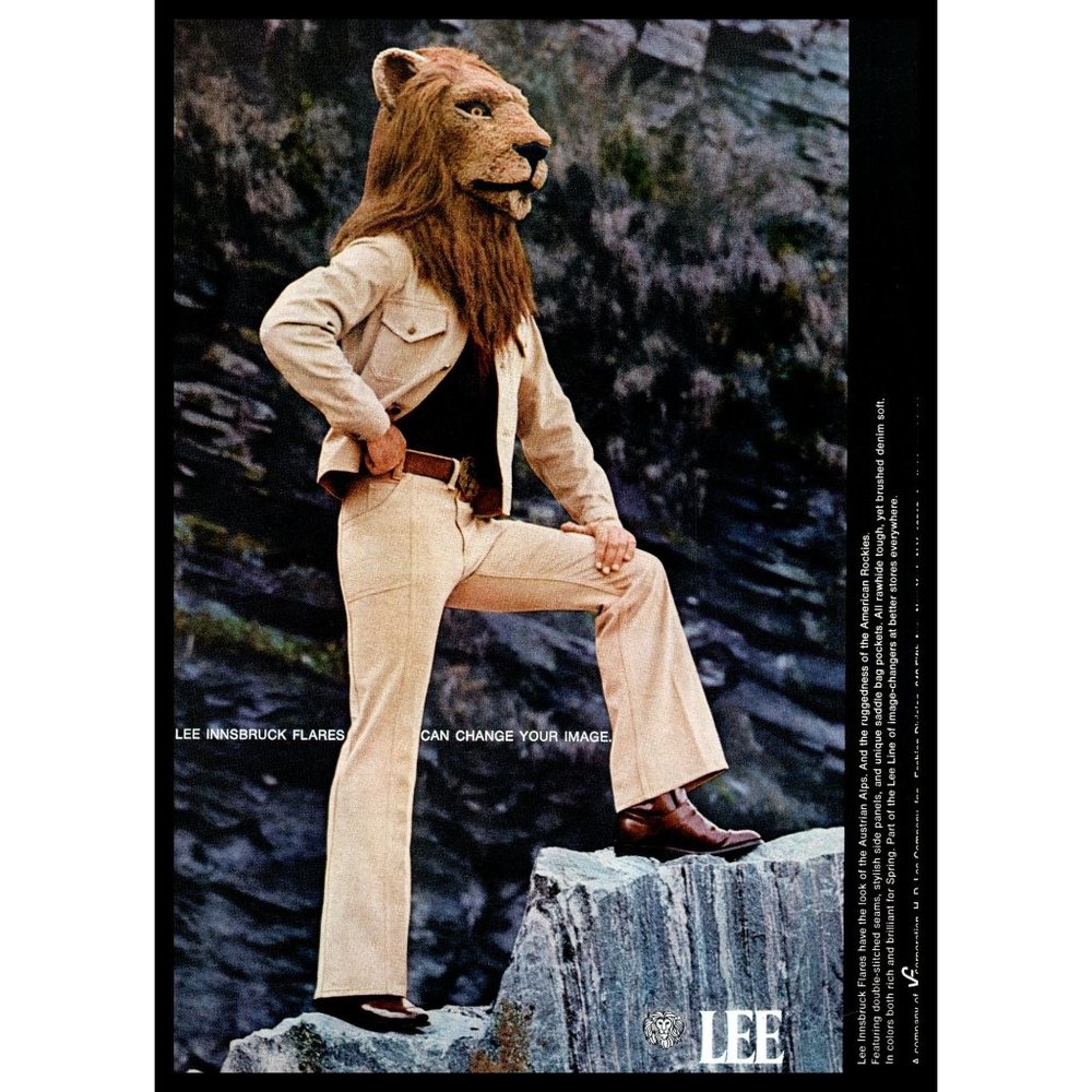 1972 Lee Jeans Change Your Image Lion Vintage Print Ad Lionhead Alps Rockies Art